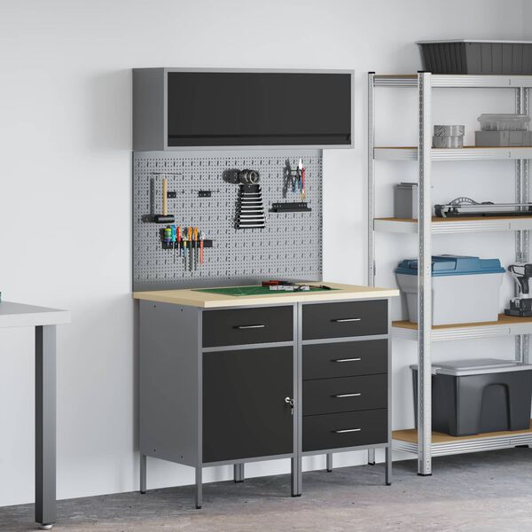 vidaXL Vinnusk&aacute;paset 5 pcs Svartur Pulverlita&eth;ur st&aacute;l og hanna&eth; tr&eacute;