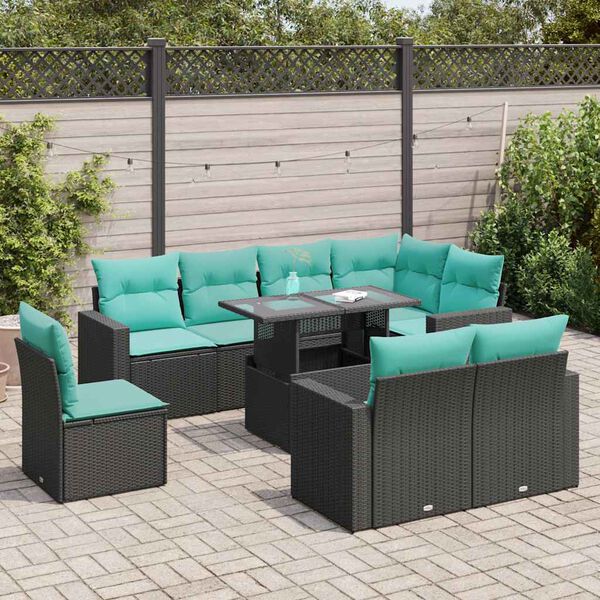 vidaXL 9 stykki gar&eth;s&oacute;fasett me&eth; p&uacute;&eth;um Black Poly Rattan Acacia