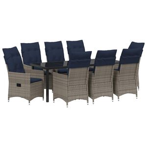 vidaXL Bor&eth; og st&oacute;laflokkur me&eth; p&uacute;&eth;i 9 pcs Gr&aacute;r PE rattan