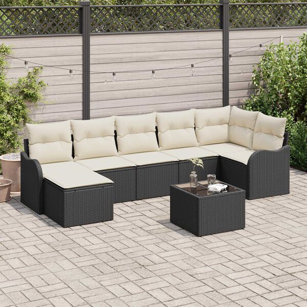 vidaXL Gar&eth;s&oacute;fa sett me&eth; p&uacute;&eth;i 8 pcs Svart og hv&iacute;tt Poly rattan
