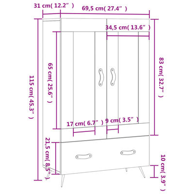 vidaXL Hár Skápur Hvítur 69,5x31x115 cm Samsettur Viður