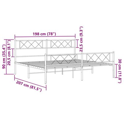 vidaXL Rúmgrind úr Málmi með Höfuðgafli & Fótagafli Hvít 193x203 cm