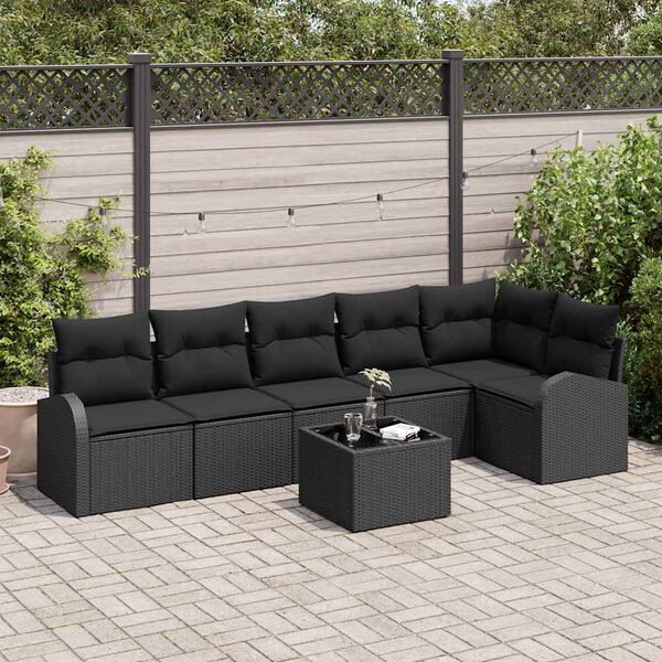 vidaXL Gar&eth;s&oacute;fa sett me&eth; p&uacute;&eth;i 7 pcs Svartur Poly rattan