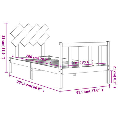 vidaXL Rúmgrind með Höfuðgafli Svartur 90x200 cm Gegnheil viðar