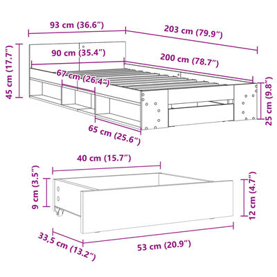 vidaXL Rúmgrind með Skúffu Sonoma Eik 90x200cm Samsettur Viður