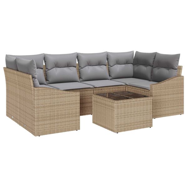 vidaXL S&oacute;fasett me&eth; p&uacute;&eth;i me&eth; geymslu 7 pcs Beige og Gr&aacute;tt p&oacute;l&yacute;rattan