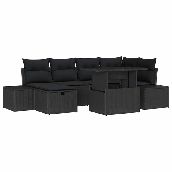 vidaXL Gar&eth;s&oacute;fa sett me&eth; p&uacute;&eth;i me&eth; geymslu 7 pcs Svartur Poly rattan