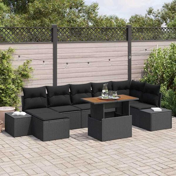 vidaXL Gar&eth;s&oacute;fa sett me&eth; geymslu 8 pcs Svartur Poly rattan