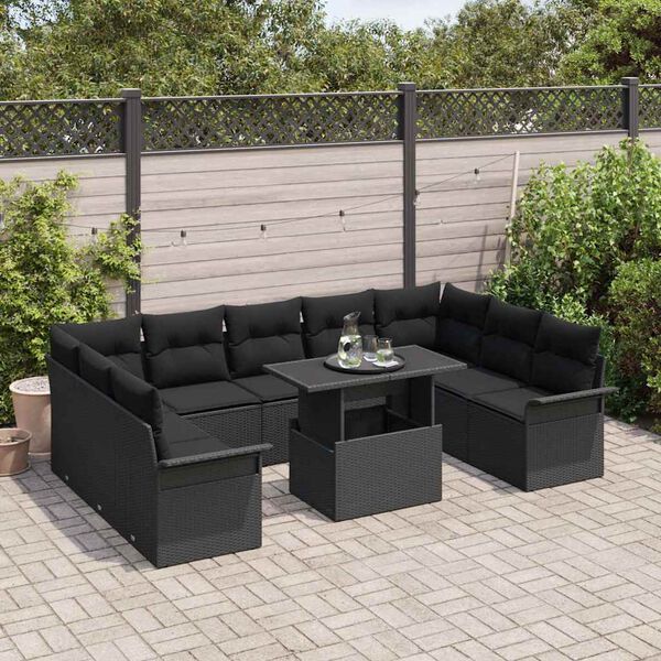 vidaXL Gar&eth;s&oacute;fa sett me&eth; p&uacute;&eth;i 10 pcs Svartur Poly rattan