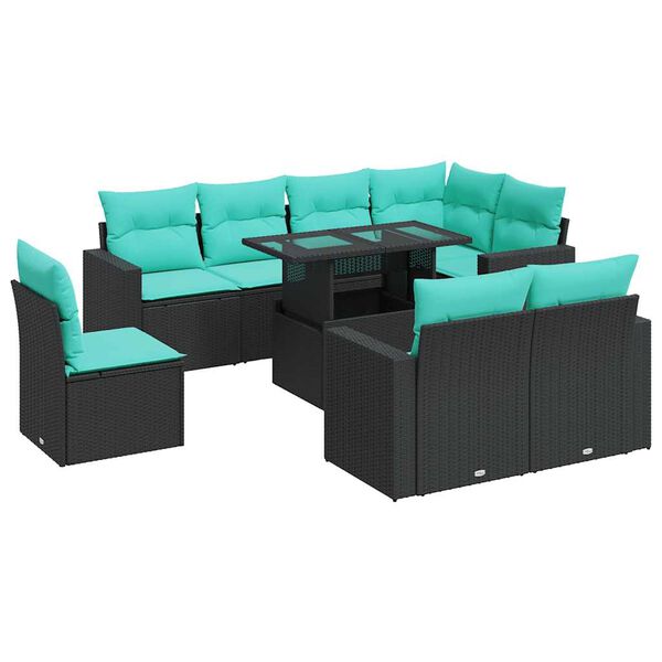 vidaXL 9 stykki gar&eth;s&oacute;fasett me&eth; p&uacute;&eth;um Black Poly Rattan Acacia