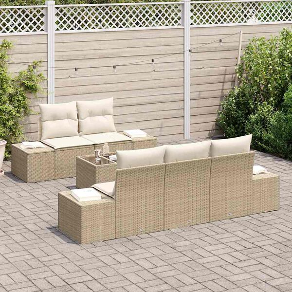 vidaXL Gar&eth;s&oacute;fa sett me&eth; p&uacute;&eth;i 6 pcs Beige og krem p&oacute;l&yacute;rattan