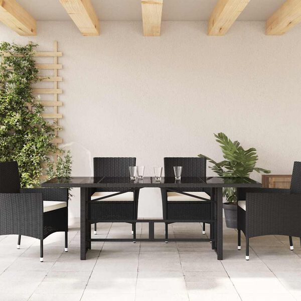 vidaXL Garðborð með Glerplötu Svart 190x80x74 cm Pólýrattan