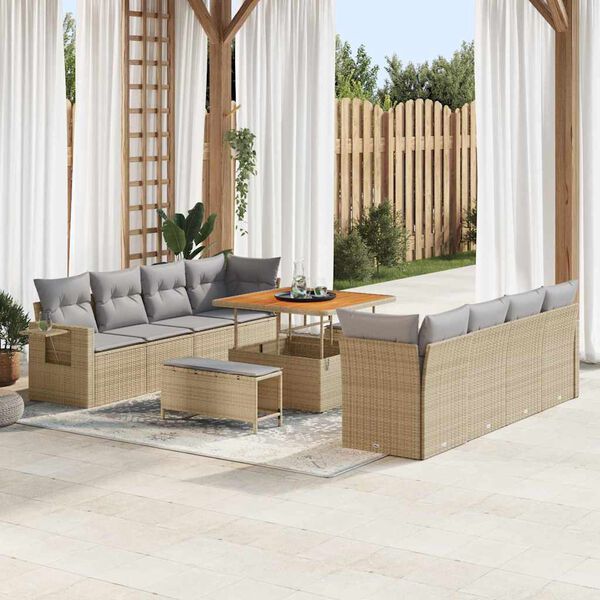 vidaXL Gar&eth;s&oacute;fa sett me&eth; p&uacute;&eth;i 11 pcs Beige og lj&oacute;sgr&aacute;r p&oacute;l&yacute;rattan
