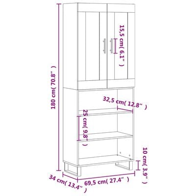 vidaXL Hár Skápur Steypugrár 69,5x34x180 cm Samsettur Viður