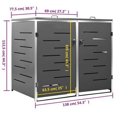 vidaXL Tvöfalt Ruslatunnuskýli 138x77,5x112,5 cm Ryðfrítt stál