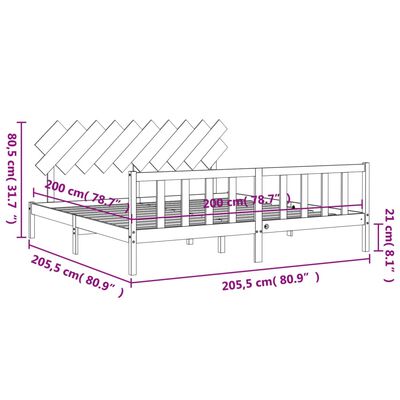 vidaXL Rúmgrind með Höfuðgafli Grár 200x200 cm Gegnheill Viður