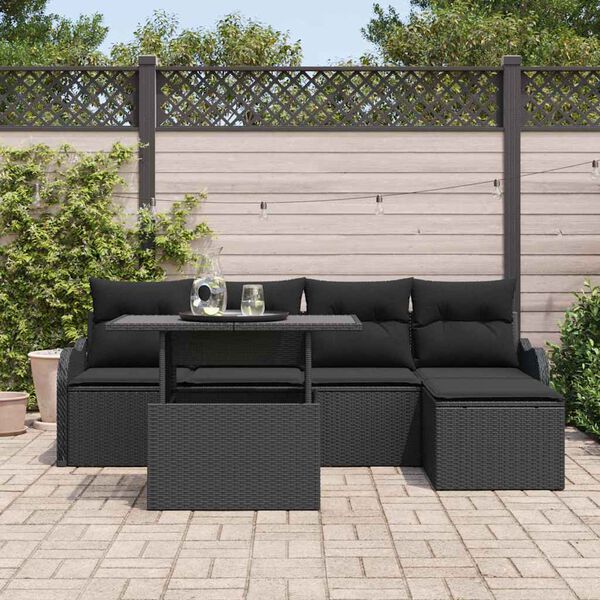 vidaXL Gar&eth;s&oacute;fa sett me&eth; p&uacute;&eth;i 6 pcs Svartur Poly rattan