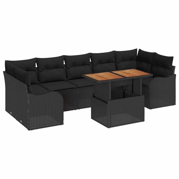 vidaXL Gar&eth;s&oacute;fa sett me&eth; p&uacute;&eth;i 8 pcs Svartur p&oacute;l&yacute;rattan