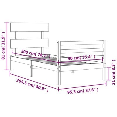 vidaXL Rúmgrind án Dýnu 90x200 cm Gegnheil Viður