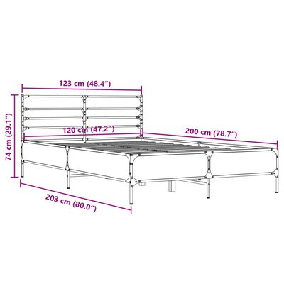 vidaXL Rúmgrind Sonoma Eikarlitur 120x200 cm Samsettur Viður og málmur