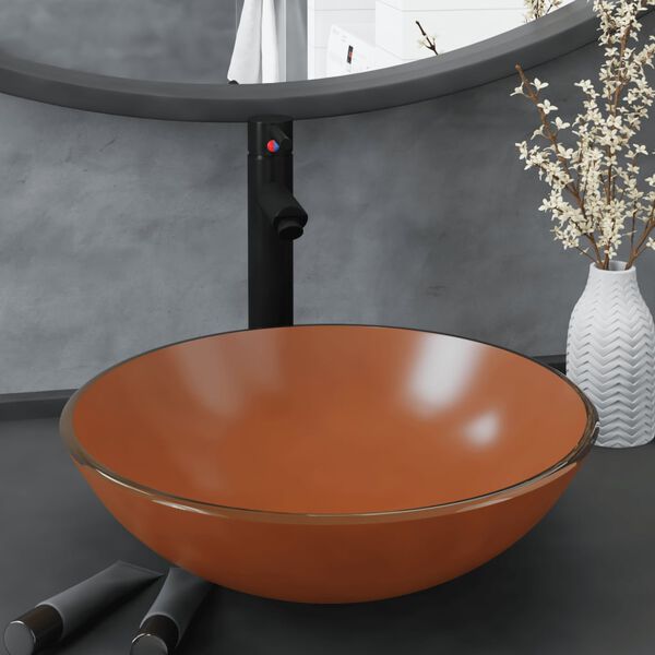 vidaXL Baðherbergisvaskur með Krana og Botnventill Brúnn Hert Gler