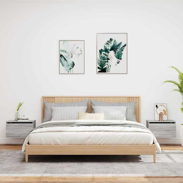 vidaXL Veggfest N&aacute;ttbor&eth; me&eth; LED Lj&oacute;sum 2 stk. Gr&aacute; Sonoma