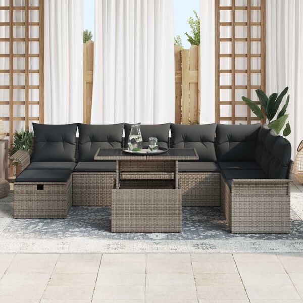 vidaXL Gar&eth;s&oacute;fa sett me&eth; p&uacute;&eth;i me&eth; geymslu 9 pcs Gr&aacute;r Poly rattan