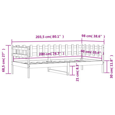 vidaXL Dagrúm án dýnu Svart 90x200 cm Solid Wood Furu