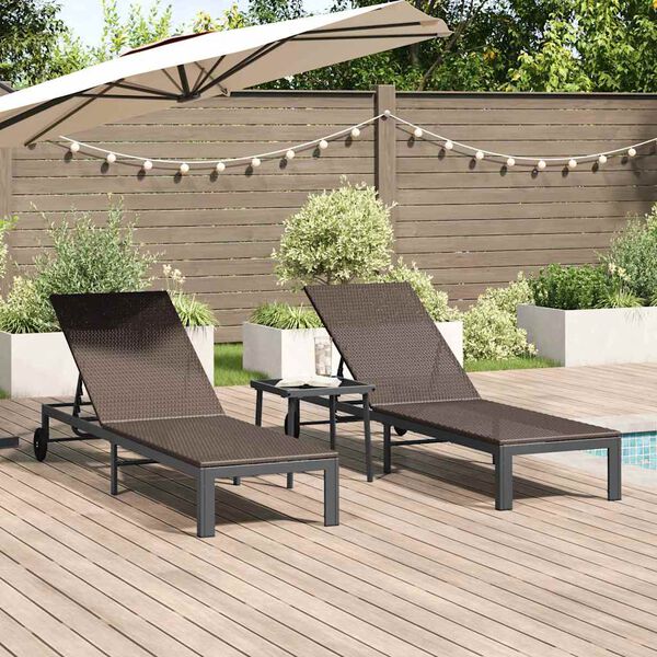 vidaXL Sunbed með púði 3 pcs Brúnn 40 x 39 x 40.5 cm pólýrattan