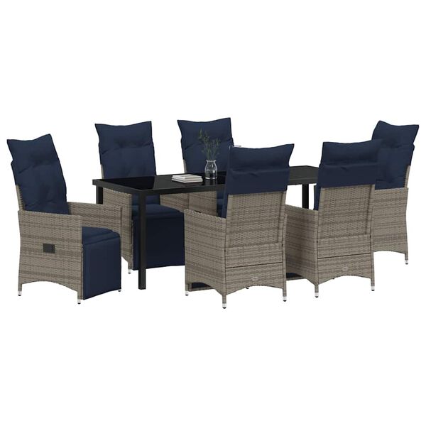 vidaXL Bor&eth; og st&oacute;laflokkur me&eth; p&uacute;&eth;i 7 pcs Gr&aacute;r PE rattan