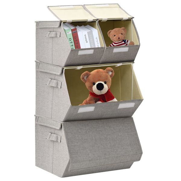 vidaXL Staflanlegir Geymslukassar 4 &iacute; setti Tauefni Gr&aacute;ir