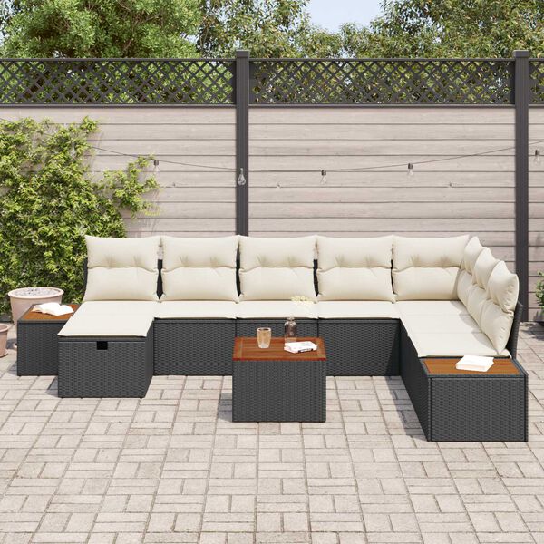 vidaXL Gar&eth;s&oacute;fa sett me&eth; kodda 9 pcs Svartur Poly rattan