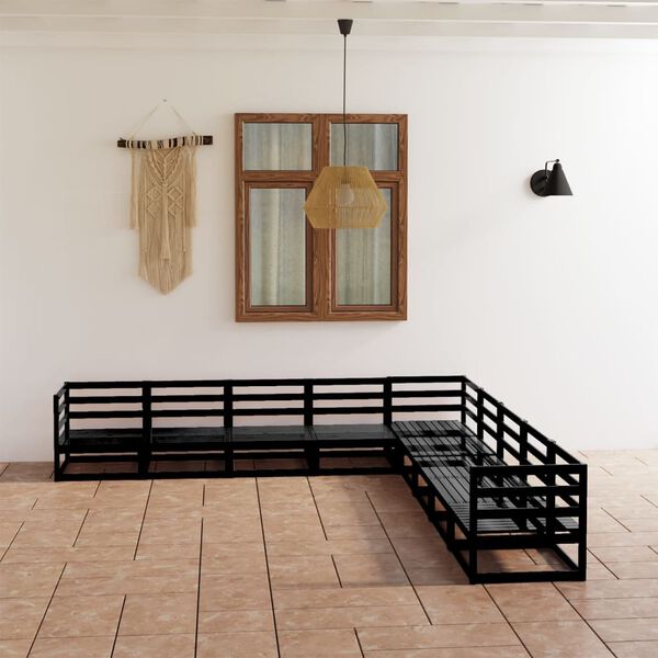 vidaXL 9 Parta Garðsófasett Svart Gegnheill Furuviður