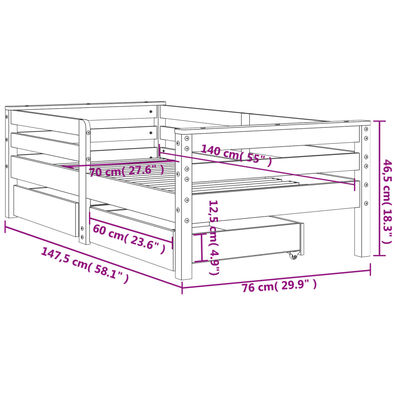 vidaXL Barnarúmgrind með Skúffum 70x140 cm Gegnheil Fura