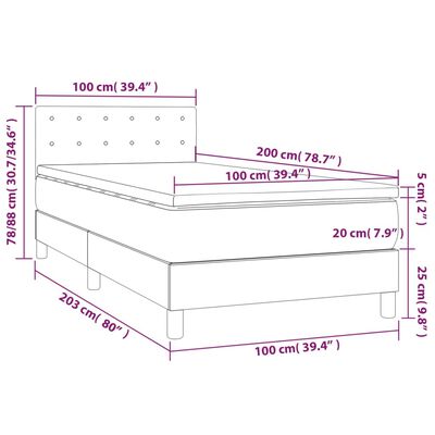 vidaXL Hólfað Springrúm með Dýnu&LED Dökkgrátt 100x200 cm Flauel