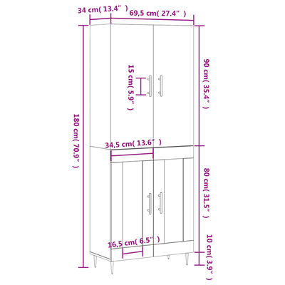 vidaXL Hár Skápur Grár Sonoma 69,5x34x180 cm Samsettur Viður