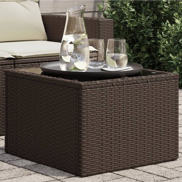 vidaXL garðborð með glerplötu Brún 55x55x37 cm Poly Rattan