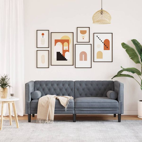 vidaXL Chesterfield S&oacute;fi me&eth; Skrautp&uacute;&eth;um 2-s&aelig;ta D&ouml;kkgr&aacute;tt Flauel