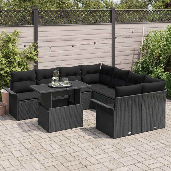 vidaXL Gar&eth;s&oacute;fa sett me&eth; p&uacute;&eth;i 9 pcs Svartur Poly rattan