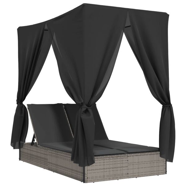 vidaXL Tvöfaldur Sólbekkur með Skyggni og Tjöldum Grátt Pólýrattan