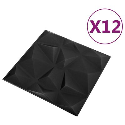 vidaXL 3D Veggþil 12 stk. 50x50 cm Demants Svartur 3 m²