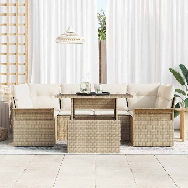 vidaXL Gar&eth;s&oacute;fa sett me&eth; p&uacute;&eth;i 7 pcs Drapplita&eth;ur Poly Rattan