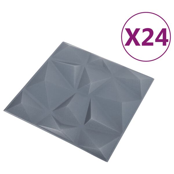 vidaXL 3D Veggþil 24 stk. 50x50 cm Demantsmynstur Grá 6 m²