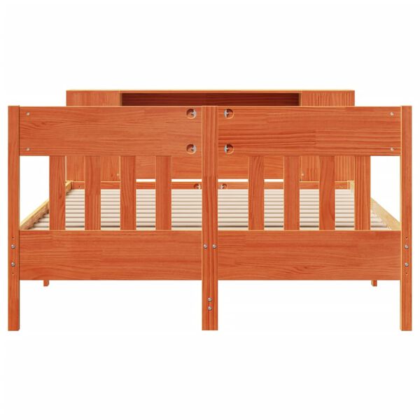 vidaXL Rúmgrind með Bókahillu án Dýnu Vaxbrúnn 135x190cm Gegnheil Fura