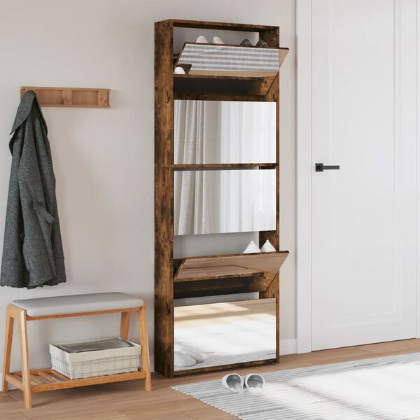 vidaXL Skóskápur með Spegli 5ja Laga Reyklituð Eik 63x17x169,5 cm