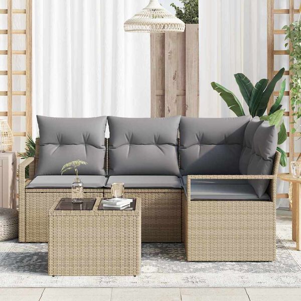 vidaXL S&oacute;fasett me&eth; p&uacute;&eth;i 5 pcs Beige og lj&oacute;sgr&aacute;r p&oacute;l&yacute;rattan