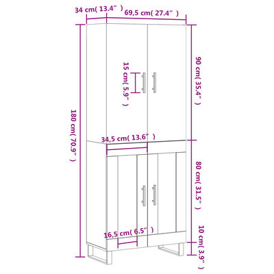 vidaXL Hár Skápur Grár Sonoma 69,5x34x180 cm Samsettur Viður