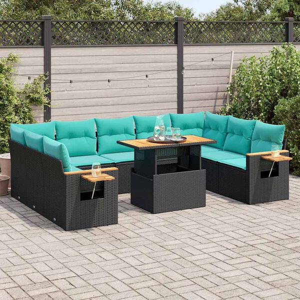 vidaXL 10 bita gar&eth;s&oacute;fasett me&eth; p&uacute;&eth;um Black Poly Rattan Acacia