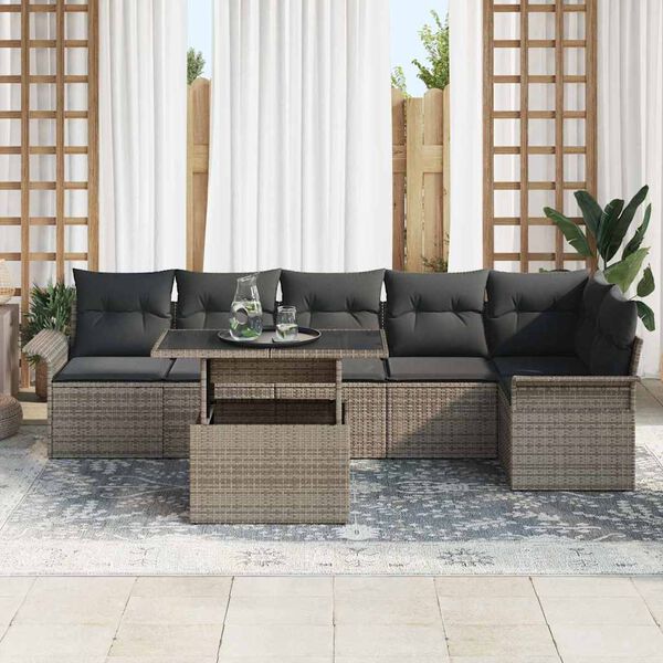 vidaXL Gar&eth;s&oacute;fa sett me&eth; p&uacute;&eth;i 7 pcs Gr&aacute;r Poly rattan