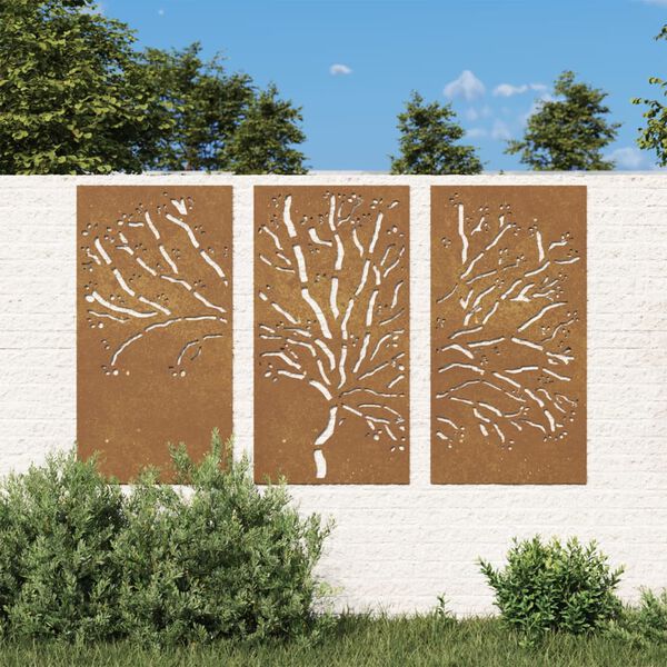 vidaXL Gar&eth;veggskreytingar 3 stk. 105x55 cm Corten St&aacute;l Trj&aacute;mynstur